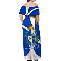 Uruguay Off Shoulder Maxi Dress with National Emblem and Sun Symbol Blue White Wave - Wonder Print Shop