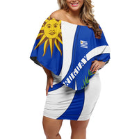 Uruguay Off Shoulder Short Dress with National Emblem and Sun Symbol Blue White Wave - Wonder Print Shop