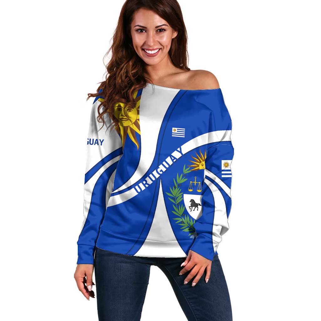 Uruguay Off Shoulder Sweater with National Emblem and Sun Symbol Blue White Wave - Wonder Print Shop