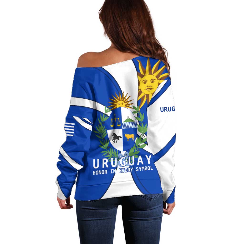 Uruguay Off Shoulder Sweater with National Emblem and Sun Symbol Blue White Wave - Wonder Print Shop