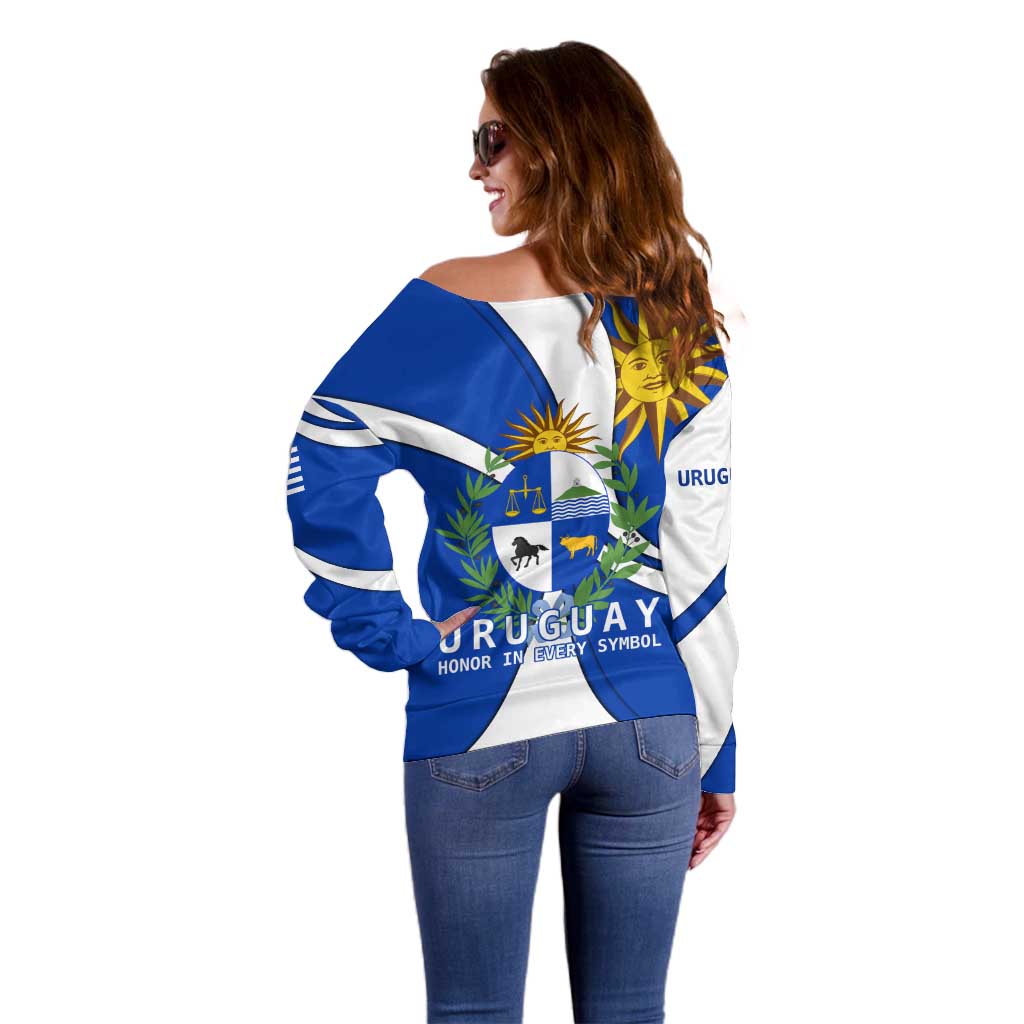 Uruguay Off Shoulder Sweater with National Emblem and Sun Symbol Blue White Wave - Wonder Print Shop
