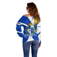 Uruguay Off Shoulder Sweater with National Emblem and Sun Symbol Blue White Wave - Wonder Print Shop
