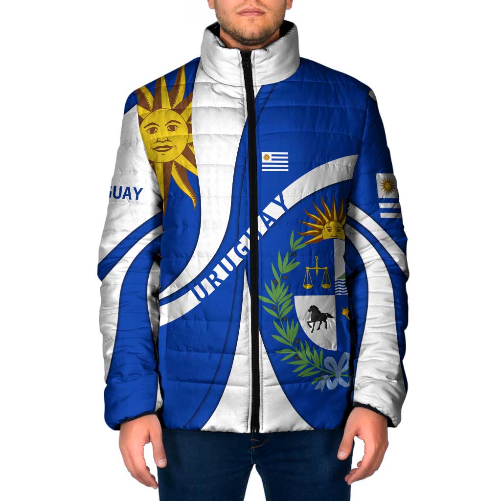 Uruguay Padded Jacket with National Emblem and Sun Symbol Blue White Wave - Wonder Print Shop