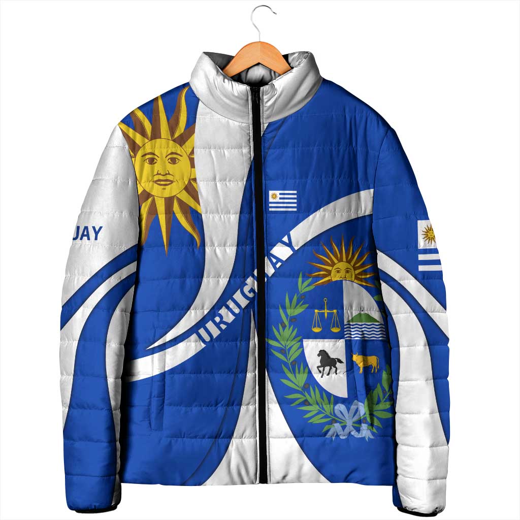 Uruguay Padded Jacket with National Emblem and Sun Symbol Blue White Wave - Wonder Print Shop