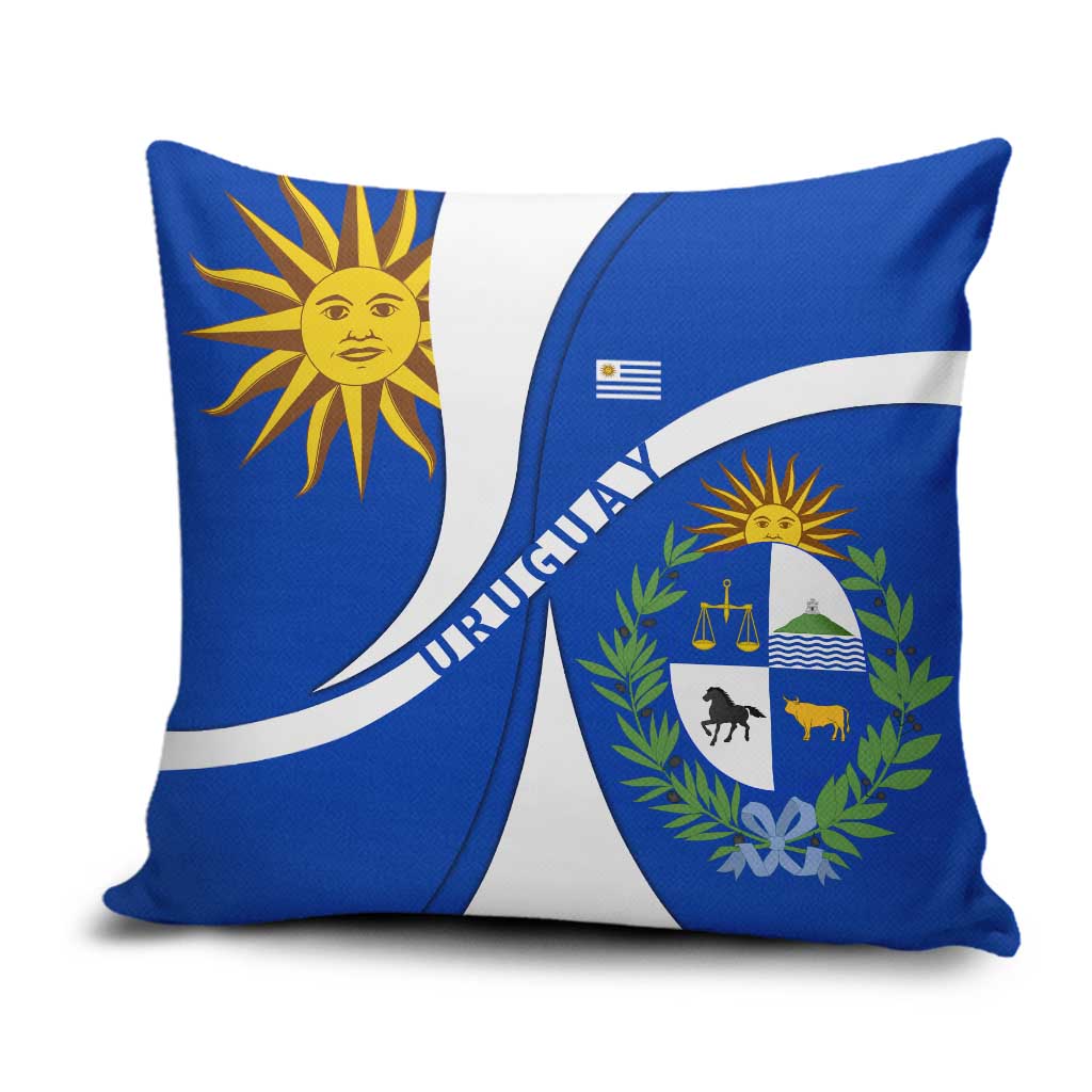 Uruguay Pillow Cover with National Emblem and Sun Symbol Blue White Wave - Wonder Print Shop