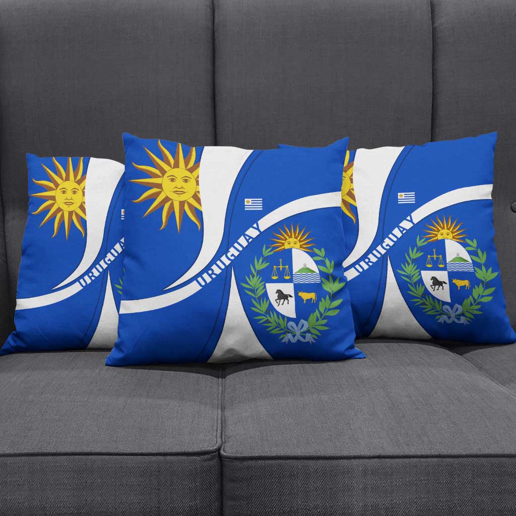 Uruguay Pillow Cover with National Emblem and Sun Symbol Blue White Wave - Wonder Print Shop
