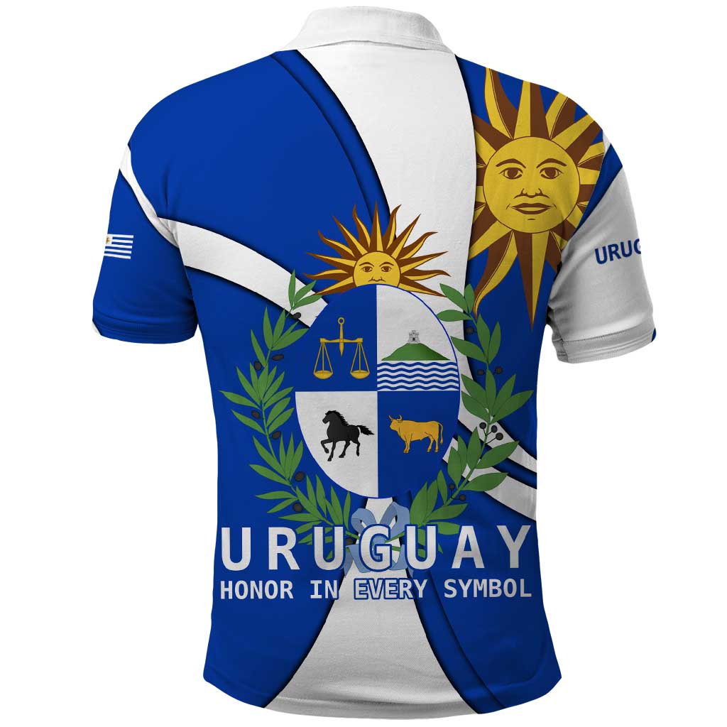 Uruguay Polo Shirt with National Emblem and Sun Symbol Blue White Wave - Wonder Print Shop