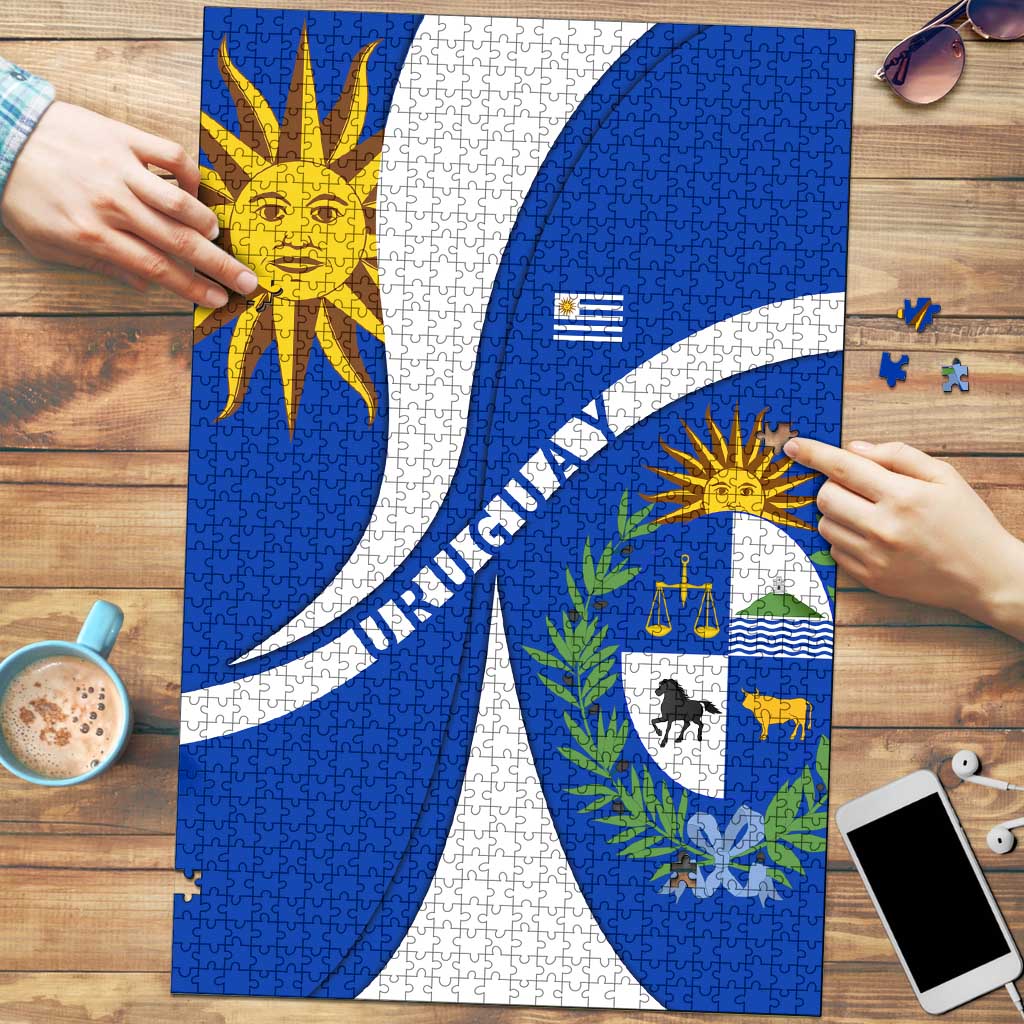 Uruguay Puzzle with National Emblem and Sun Symbol Blue White Wave - Wonder Print Shop