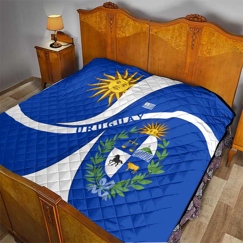 Uruguay Quilt with National Emblem and Sun Symbol Blue White Wave - Wonder Print Shop