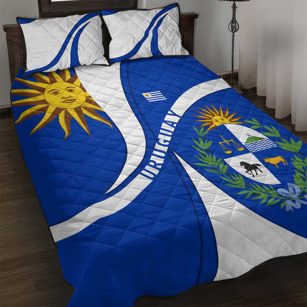 Uruguay Quilt Bed Set with National Emblem and Sun Symbol Blue White Wave - Wonder Print Shop