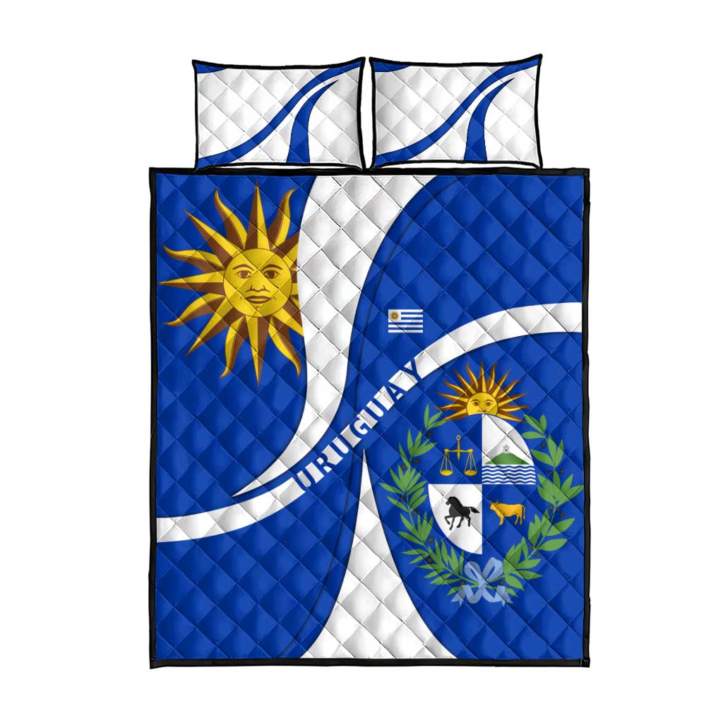 Uruguay Quilt Bed Set with National Emblem and Sun Symbol Blue White Wave - Wonder Print Shop
