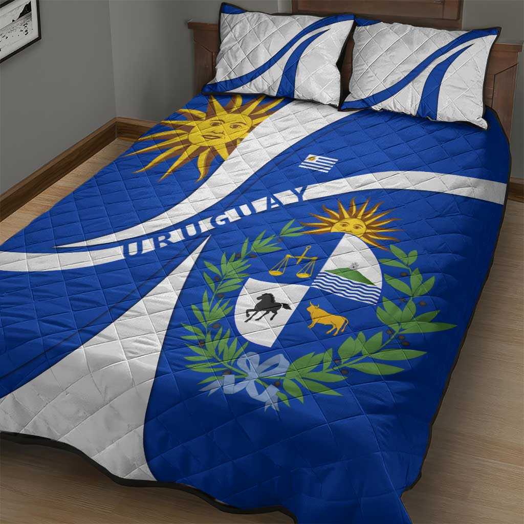 Uruguay Quilt Bed Set with National Emblem and Sun Symbol Blue White Wave - Wonder Print Shop