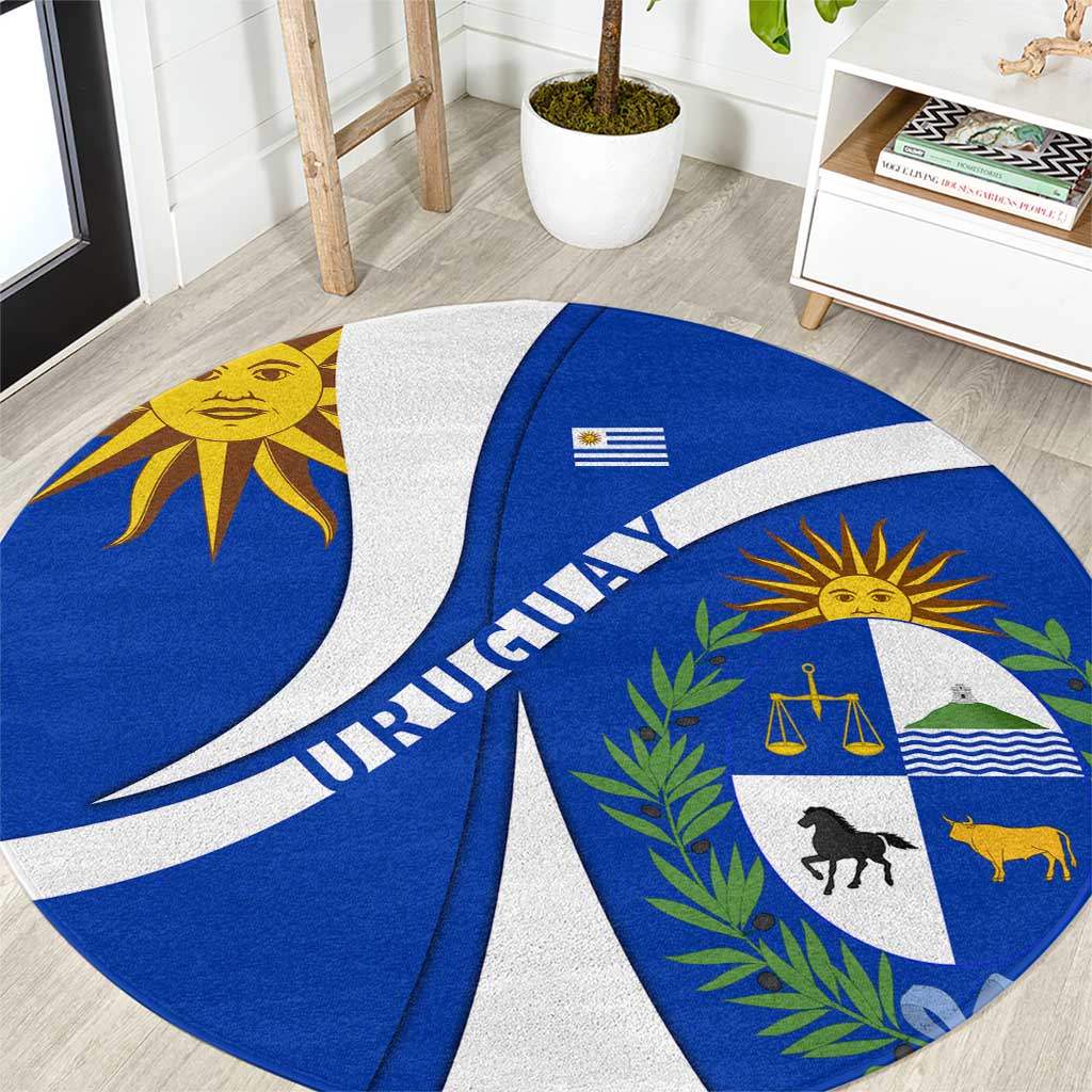 Uruguay Round Carpet with National Emblem and Sun Symbol Blue White Wave - Wonder Print Shop