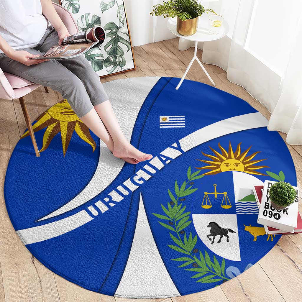 Uruguay Round Carpet with National Emblem and Sun Symbol Blue White Wave - Wonder Print Shop