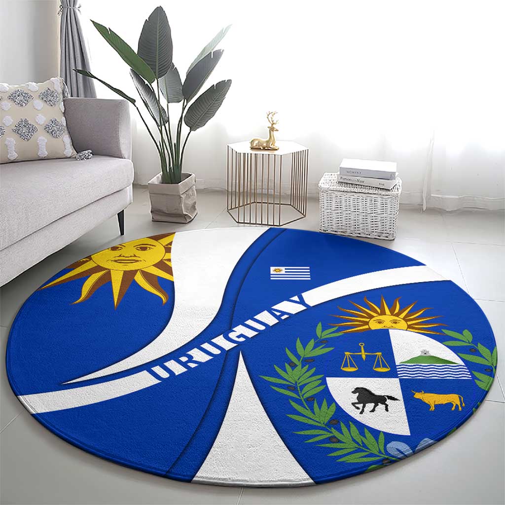 Uruguay Round Carpet with National Emblem and Sun Symbol Blue White Wave - Wonder Print Shop