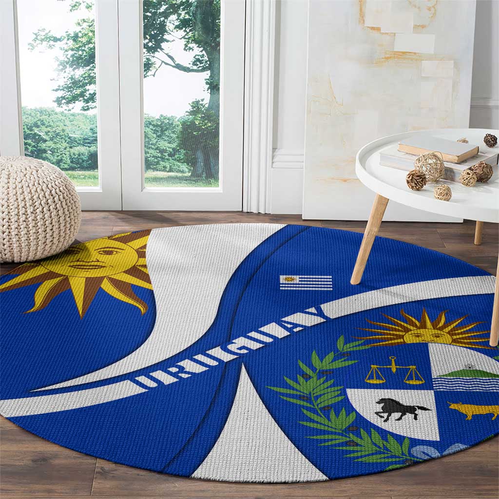 Uruguay Round Carpet with National Emblem and Sun Symbol Blue White Wave - Wonder Print Shop