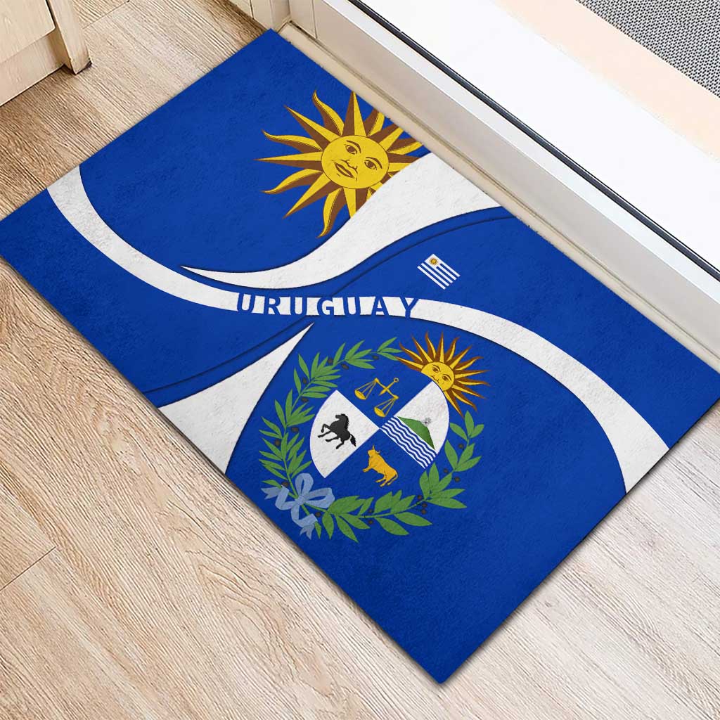 Uruguay Rubber Doormat with National Emblem and Sun Symbol Blue White Wave - Wonder Print Shop