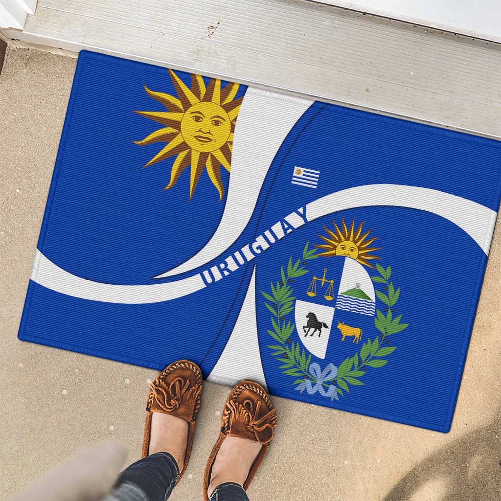 Uruguay Rubber Doormat with National Emblem and Sun Symbol Blue White Wave - Wonder Print Shop