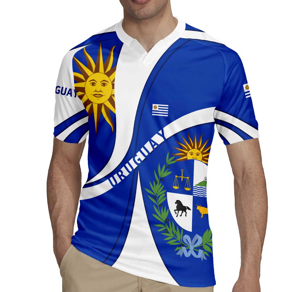 Uruguay Rugby Jersey with National Emblem and Sun Symbol Blue White Wave - Wonder Print Shop