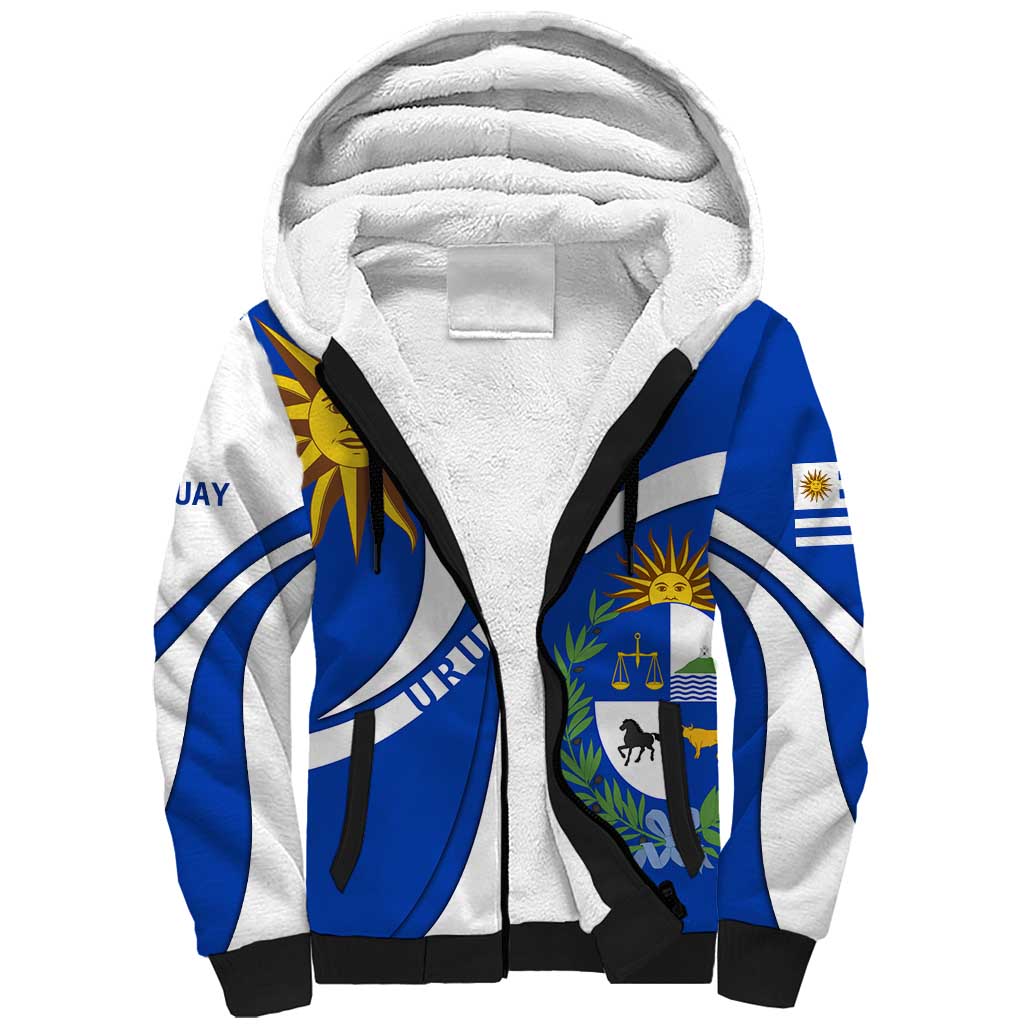 Uruguay Sherpa Hoodie with National Emblem and Sun Symbol Blue White Wave - Wonder Print Shop