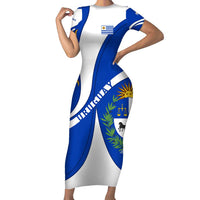 Uruguay Short Sleeve Bodycon Dress with National Emblem and Sun Symbol Blue White Wave - Wonder Print Shop