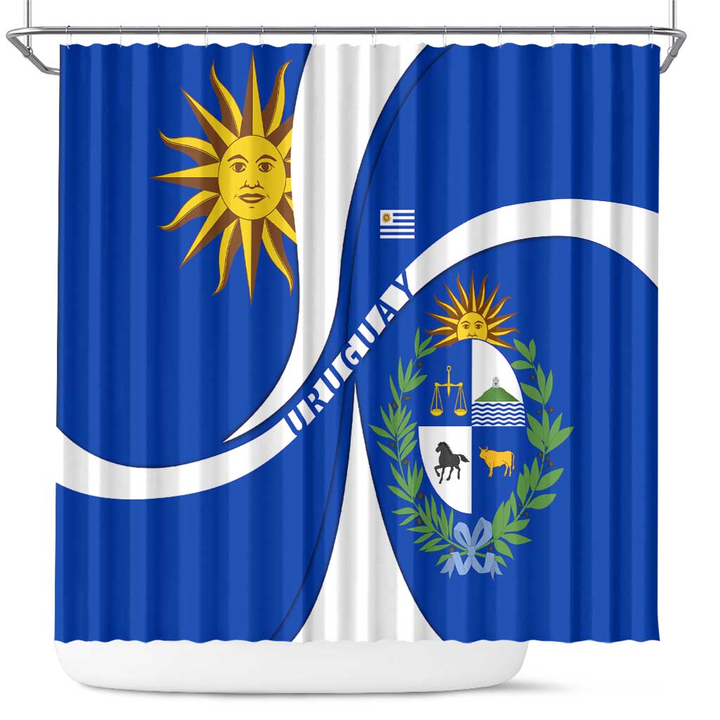 Uruguay Shower Curtain with National Emblem and Sun Symbol Blue White Wave - Wonder Print Shop