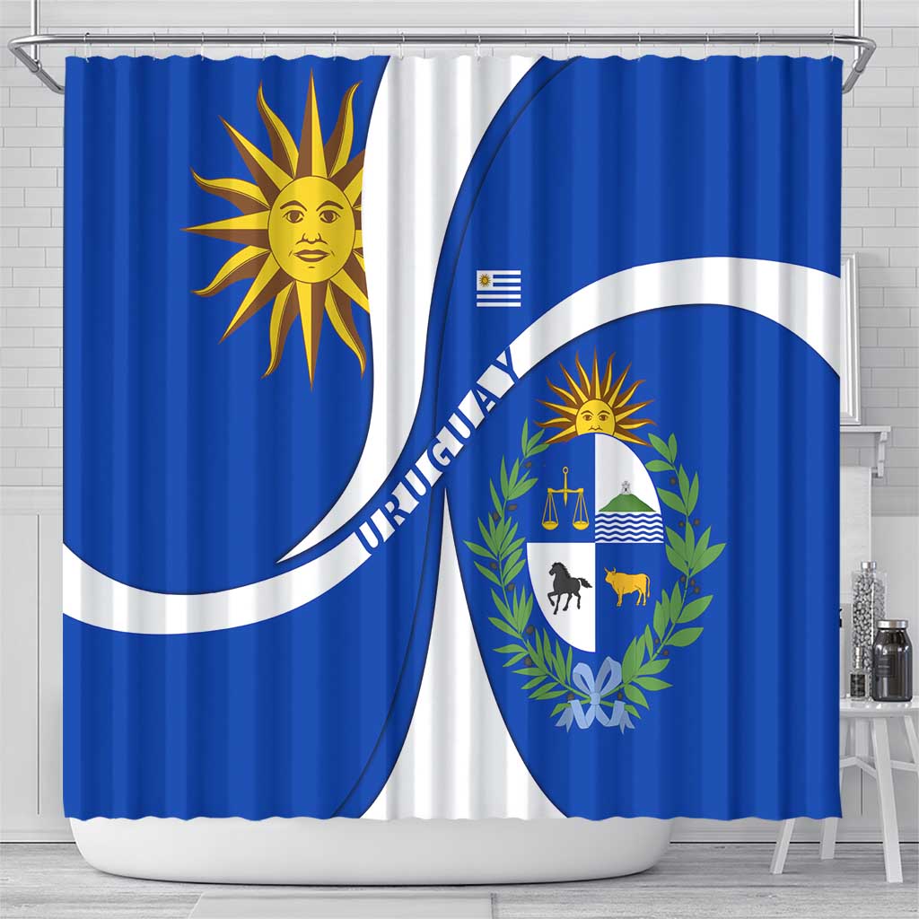 Uruguay Shower Curtain with National Emblem and Sun Symbol Blue White Wave - Wonder Print Shop