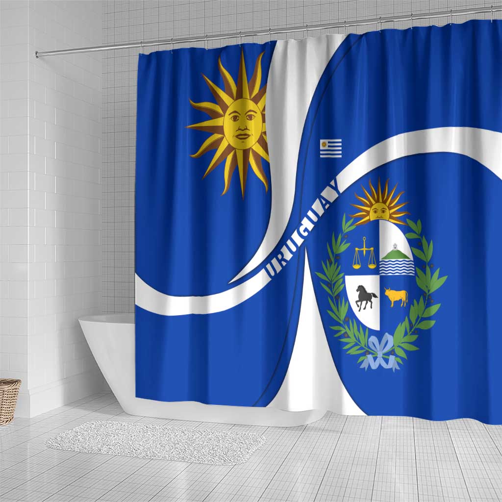 Uruguay Shower Curtain with National Emblem and Sun Symbol Blue White Wave - Wonder Print Shop