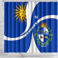 Uruguay Shower Curtain with National Emblem and Sun Symbol Blue White Wave - Wonder Print Shop
