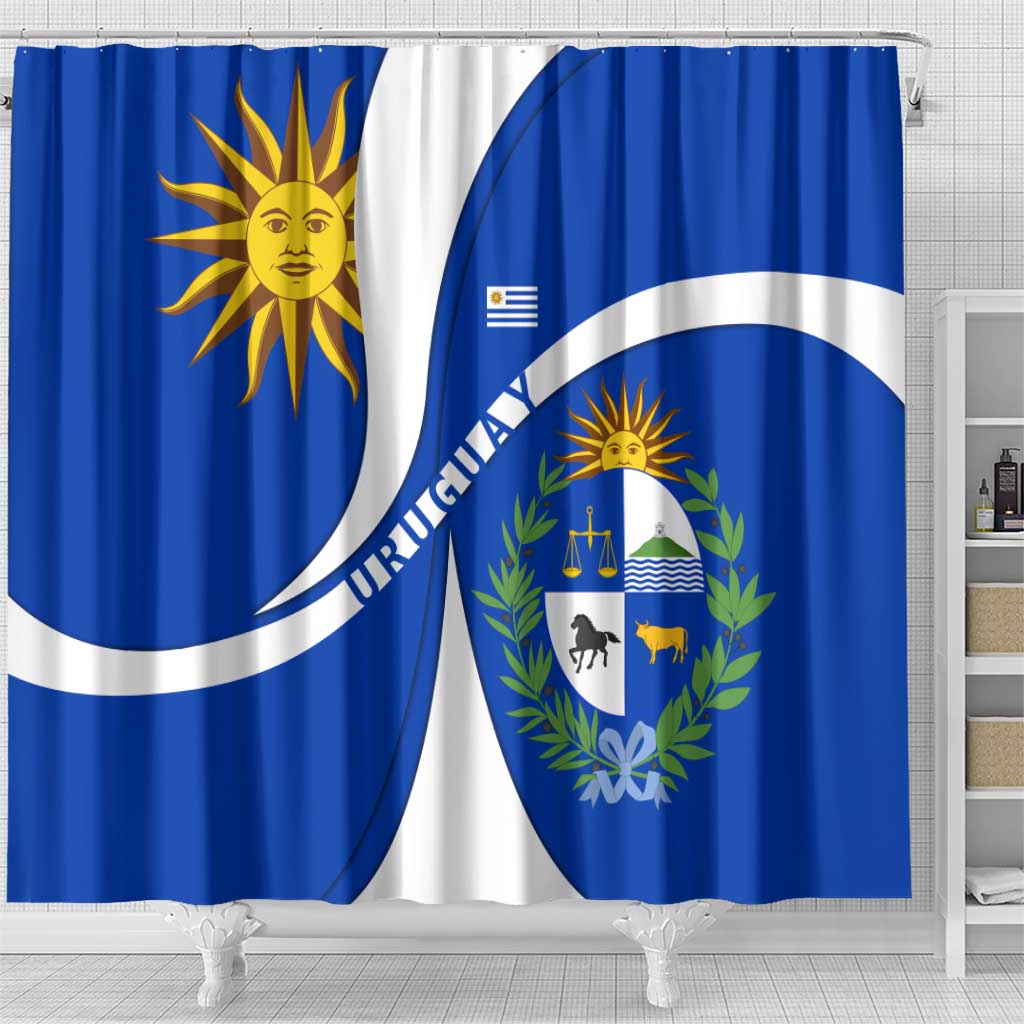 Uruguay Shower Curtain with National Emblem and Sun Symbol Blue White Wave - Wonder Print Shop