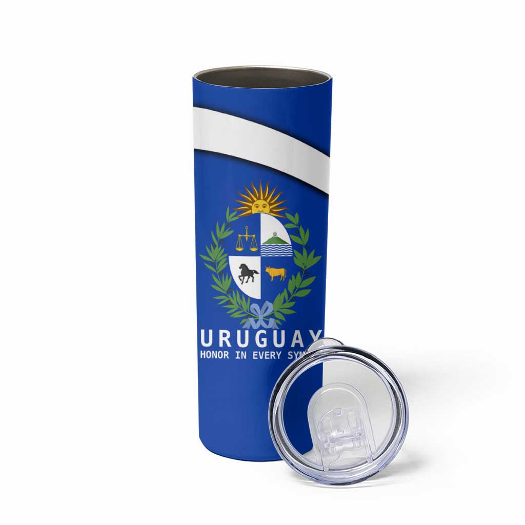 Uruguay Skinny Tumbler with National Emblem and Sun Symbol Blue White Wave - Wonder Print Shop