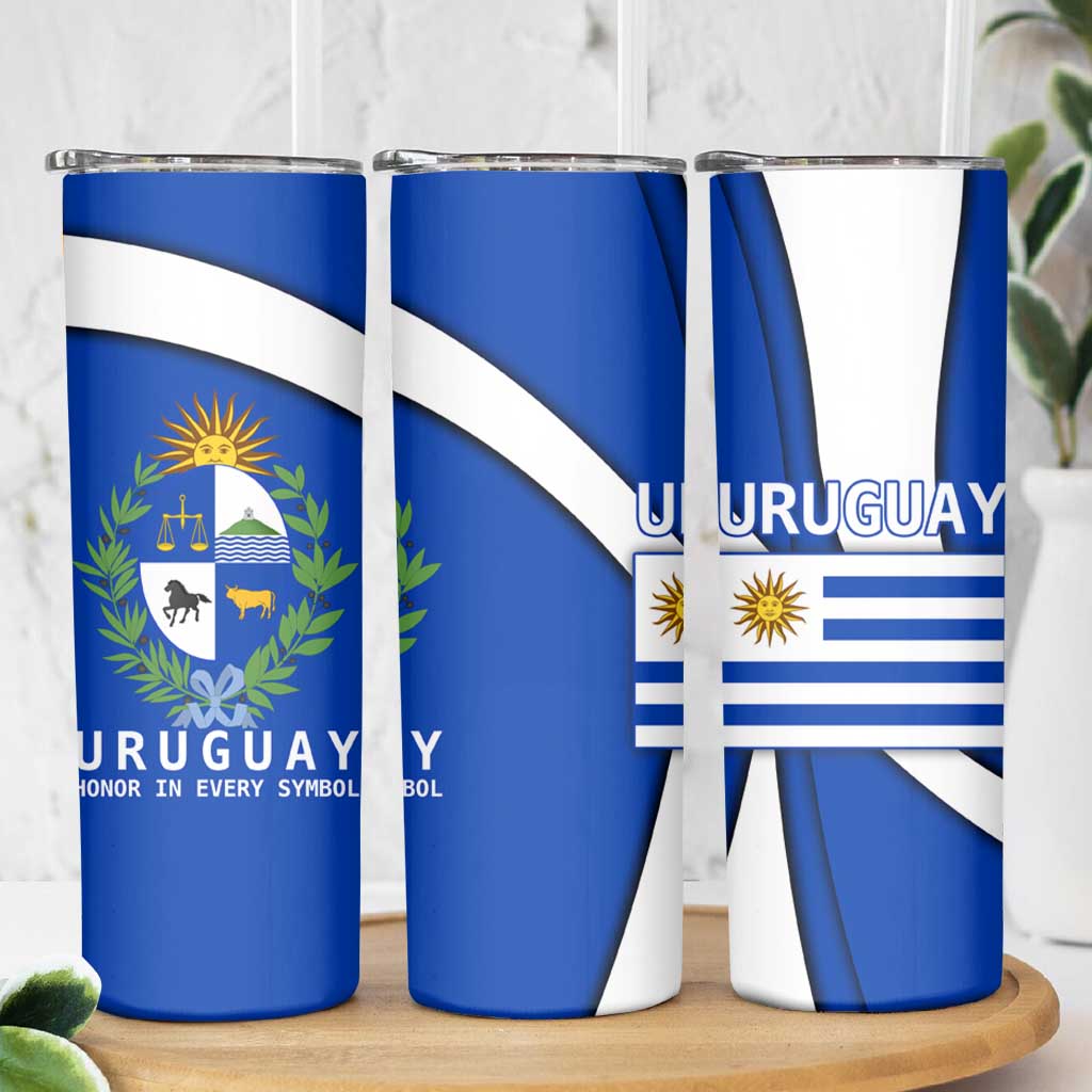 Uruguay Skinny Tumbler with National Emblem and Sun Symbol Blue White Wave - Wonder Print Shop