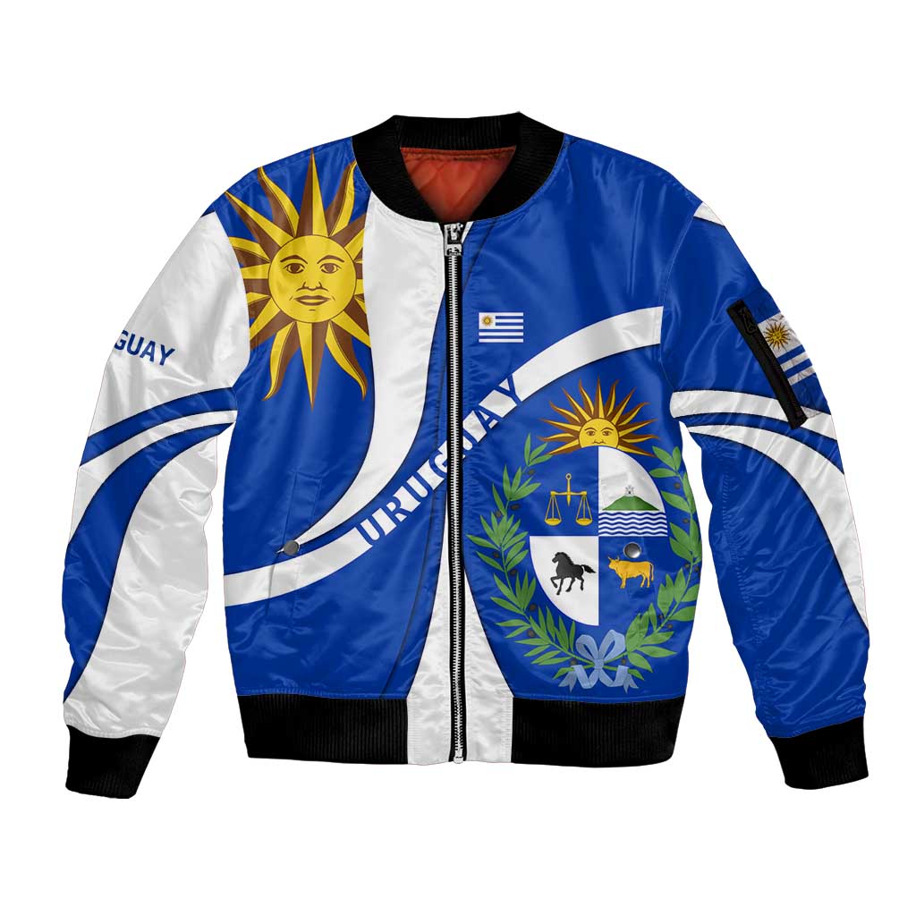 Uruguay Sleeve Zip Bomber Jacket with National Emblem and Sun Symbol Blue White Wave - Wonder Print Shop