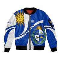 Uruguay Sleeve Zip Bomber Jacket with National Emblem and Sun Symbol Blue White Wave - Wonder Print Shop