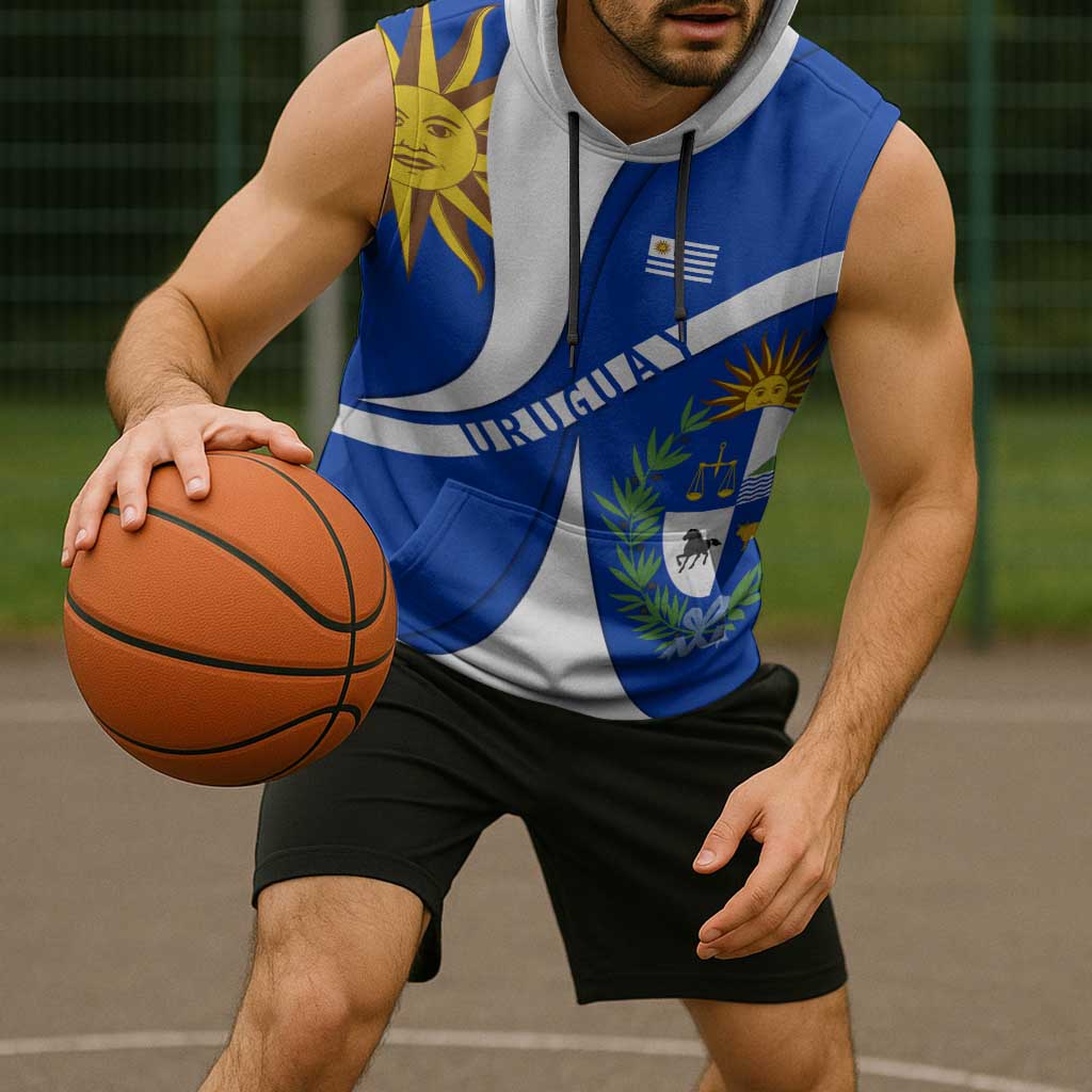 Uruguay Sleeveless Hoodie with National Emblem and Sun Symbol Blue White Wave - Wonder Print Shop