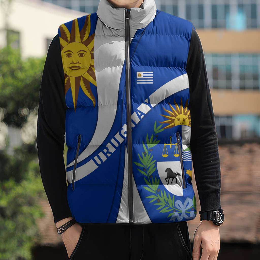 Uruguay Sleeveless Puffer Jacket with National Emblem and Sun Symbol Blue White Wave - Wonder Print Shop