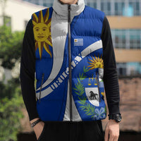 Uruguay Sleeveless Puffer Jacket with National Emblem and Sun Symbol Blue White Wave - Wonder Print Shop