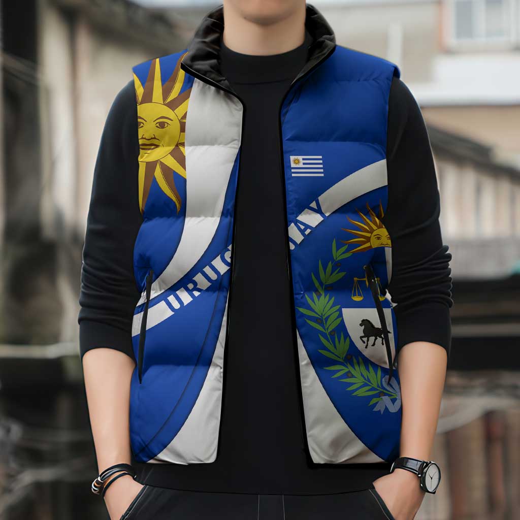 Uruguay Sleeveless Puffer Jacket with National Emblem and Sun Symbol Blue White Wave - Wonder Print Shop
