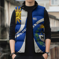 Uruguay Sleeveless Puffer Jacket with National Emblem and Sun Symbol Blue White Wave - Wonder Print Shop