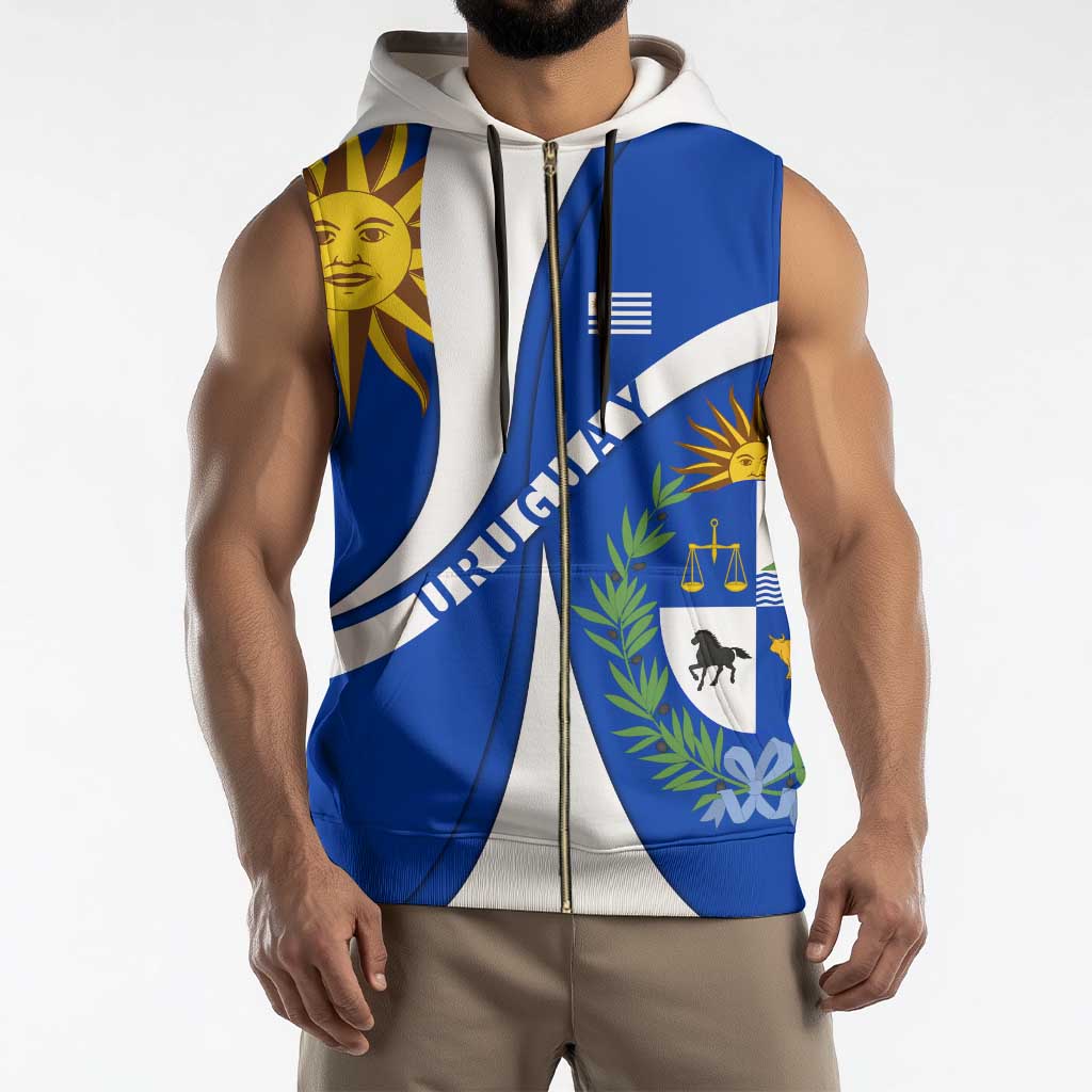 Uruguay Sleeveless Zip Hoodie with National Emblem and Sun Symbol Blue White Wave - Wonder Print Shop