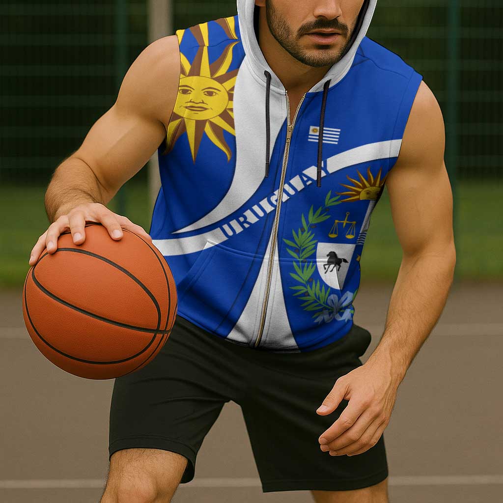 Uruguay Sleeveless Zip Hoodie with National Emblem and Sun Symbol Blue White Wave - Wonder Print Shop