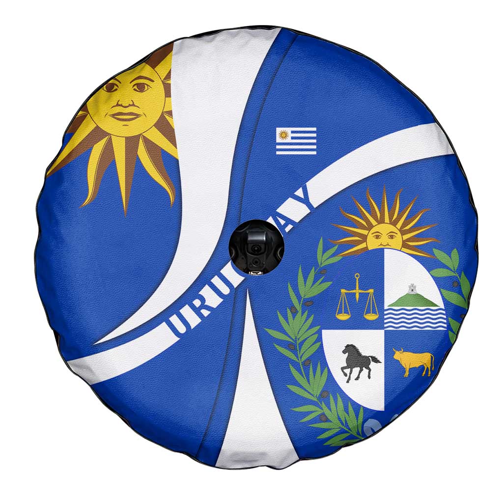 Uruguay Spare Tire Cover with National Emblem and Sun Symbol Blue White Wave - Wonder Print Shop