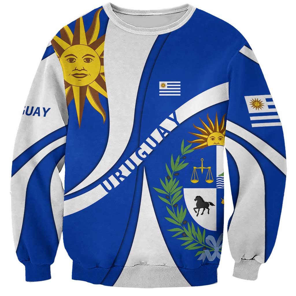Uruguay Sweatshirt with National Emblem and Sun Symbol Blue White Wave - Wonder Print Shop