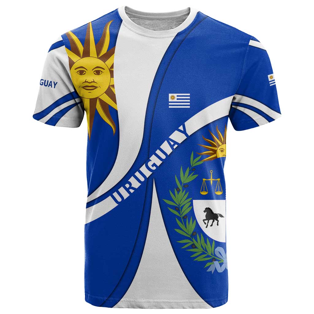 Uruguay T Shirt with National Emblem and Sun Symbol Blue White Wave - Wonder Print Shop