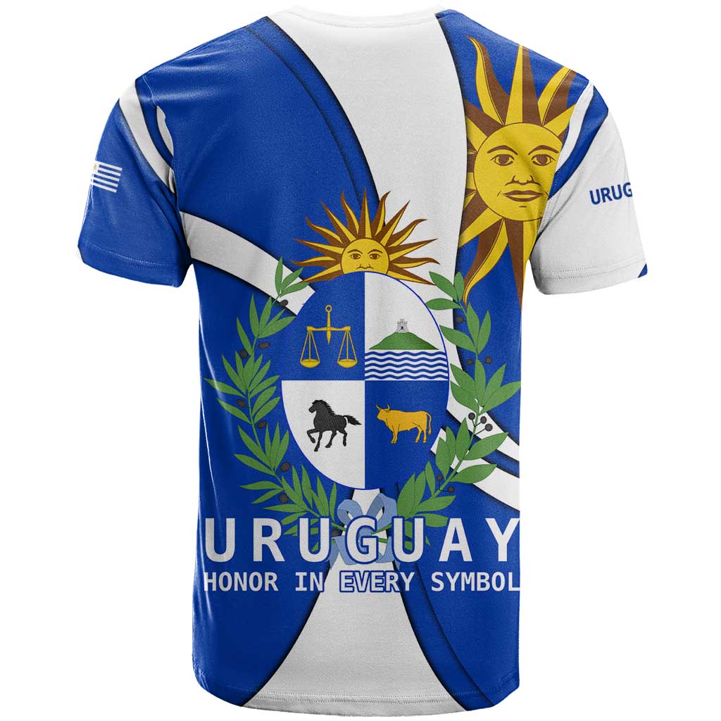 Uruguay T Shirt with National Emblem and Sun Symbol Blue White Wave - Wonder Print Shop