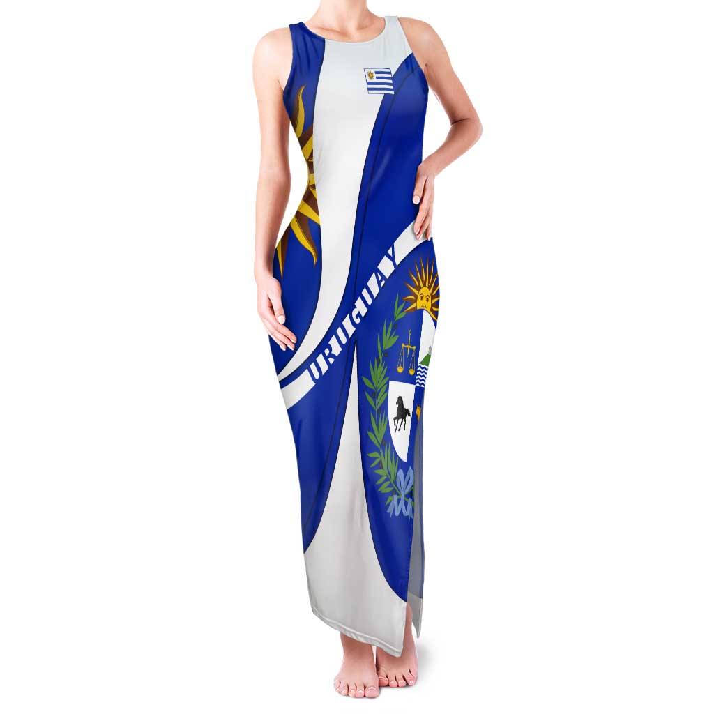 Uruguay Tank Maxi Dress with National Emblem and Sun Symbol Blue White Wave - Wonder Print Shop