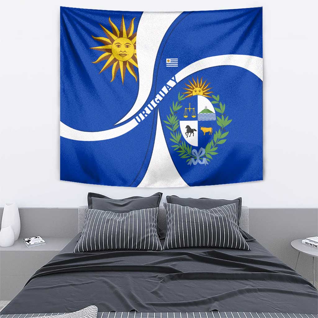 Uruguay Tapestry with National Emblem and Sun Symbol Blue White Wave - Wonder Print Shop