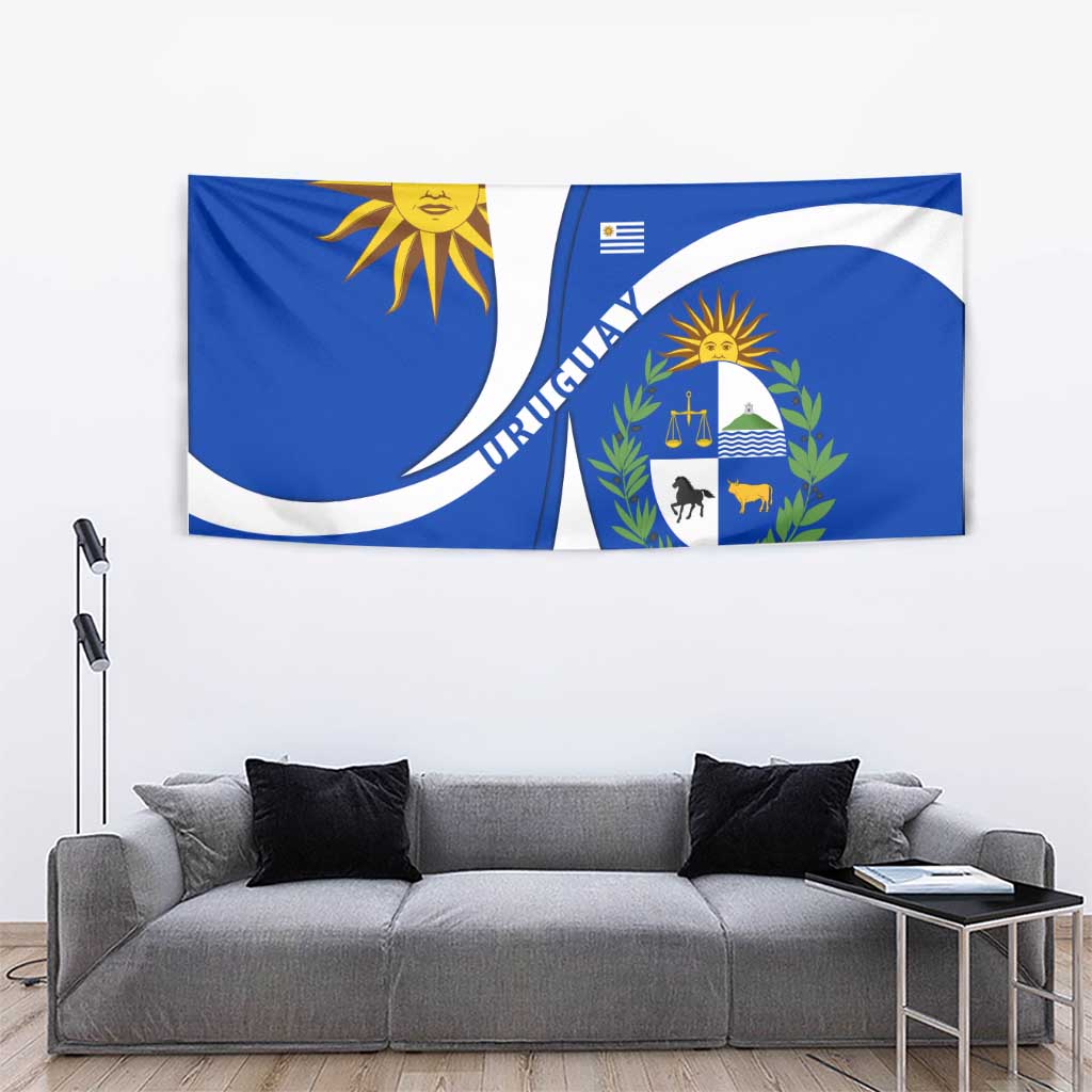 Uruguay Tapestry with National Emblem and Sun Symbol Blue White Wave - Wonder Print Shop