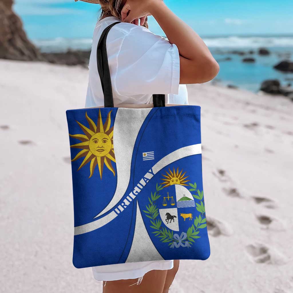 Uruguay Tote Bag with National Emblem and Sun Symbol Blue White Wave - Wonder Print Shop