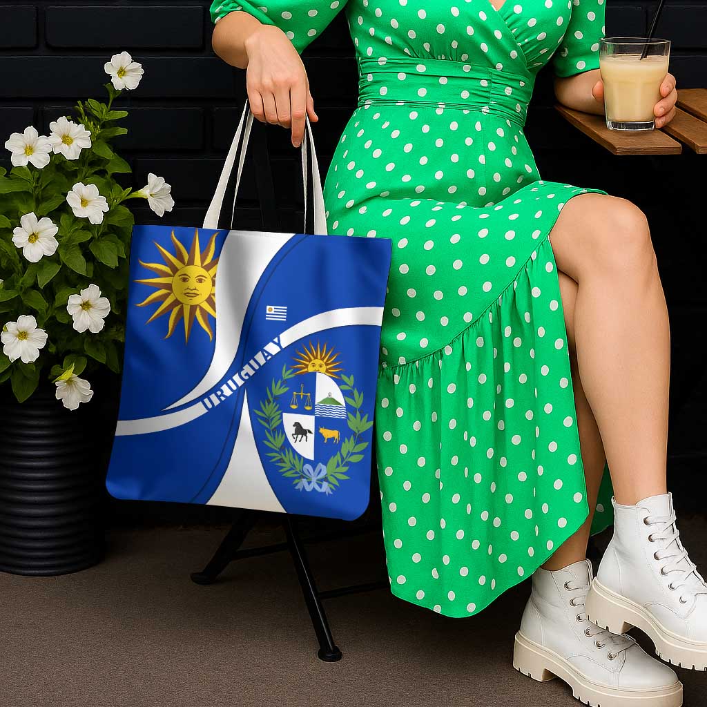 Uruguay Tote Bag with National Emblem and Sun Symbol Blue White Wave - Wonder Print Shop